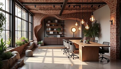 A modern office with exposed brick walls, large windows, plants, a wooden table with chairs, and hanging lights.