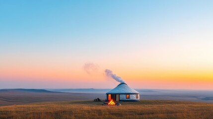 A cozy yurt on a high plateau, with smoke rising from a central fire pit and a vast sunset horizon in the background