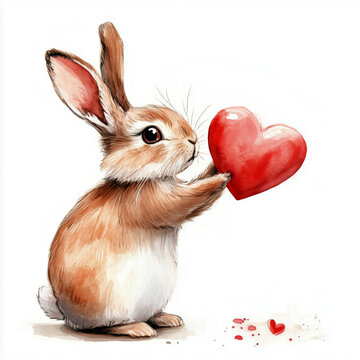 watercolor illutation of cute rabbit and heart