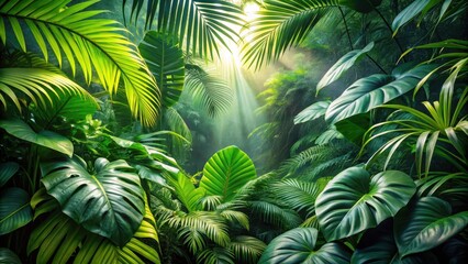 Lush Rainforest Canopy Bathed in Sunlight A Vibrant Display of Tropical Foliage