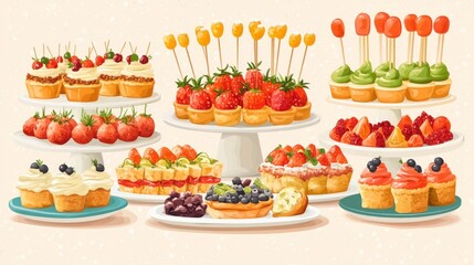 Festive Party Table with Colorful Finger Foods - Flat 2D Illustration of Sliders, Skewers, Dips, and Pastries for Celebration Events