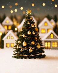 A beautifully decorated Christmas tree stands in a snowy landscape, surrounded by charming houses with warm lights, evoking a cozy holiday atmosphere.