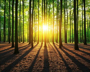 Obraz premium A serene forest scene with sunlight filtering through tall trees, casting long shadows on the forest floor. The vibrant greenery creates a peaceful and inviting atmosphere.