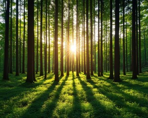 Fototapeta premium A serene forest scene with tall trees bathed in sunlight, casting long shadows on the lush green ground, creating a peaceful and tranquil atmosphere.