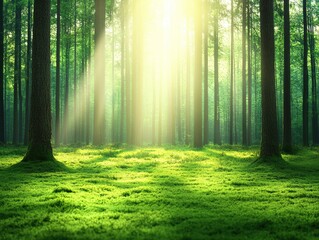 Obraz premium A serene forest scene illuminated by soft rays of sunlight filtering through tall trees, creating a tranquil atmosphere on a lush green mossy ground.