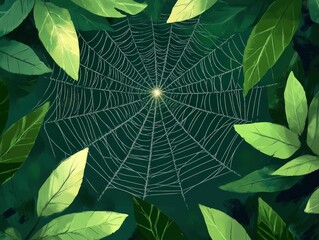 A delicate spider web intricately woven among lush green leaves, creating a serene and natural atmosphere. The web glistens with light, highlighting the beauty of nature's craftsmanship.