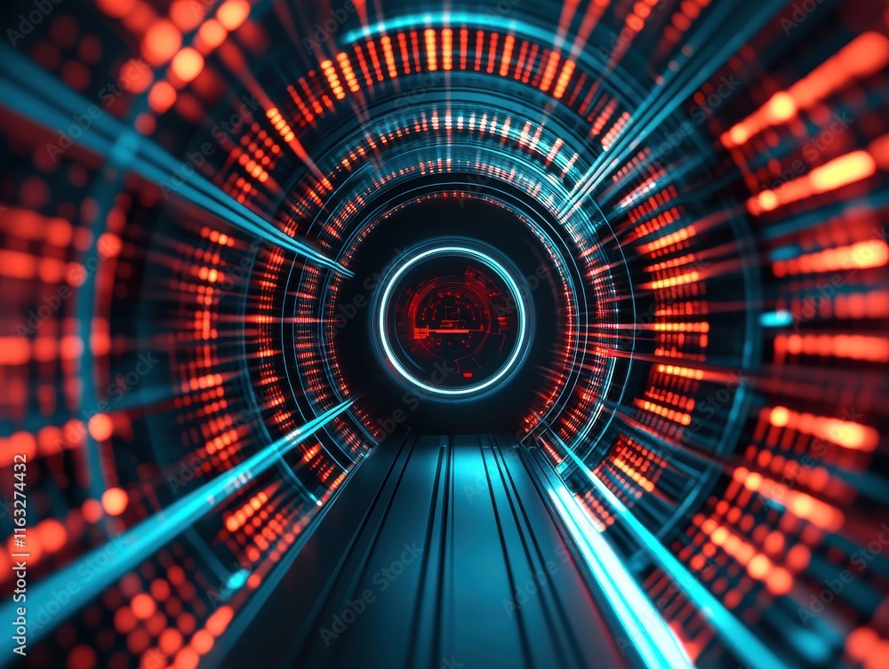 Poster dynamic data stream visualization futuristic tunnel digital art neon environment abstract perspectiv