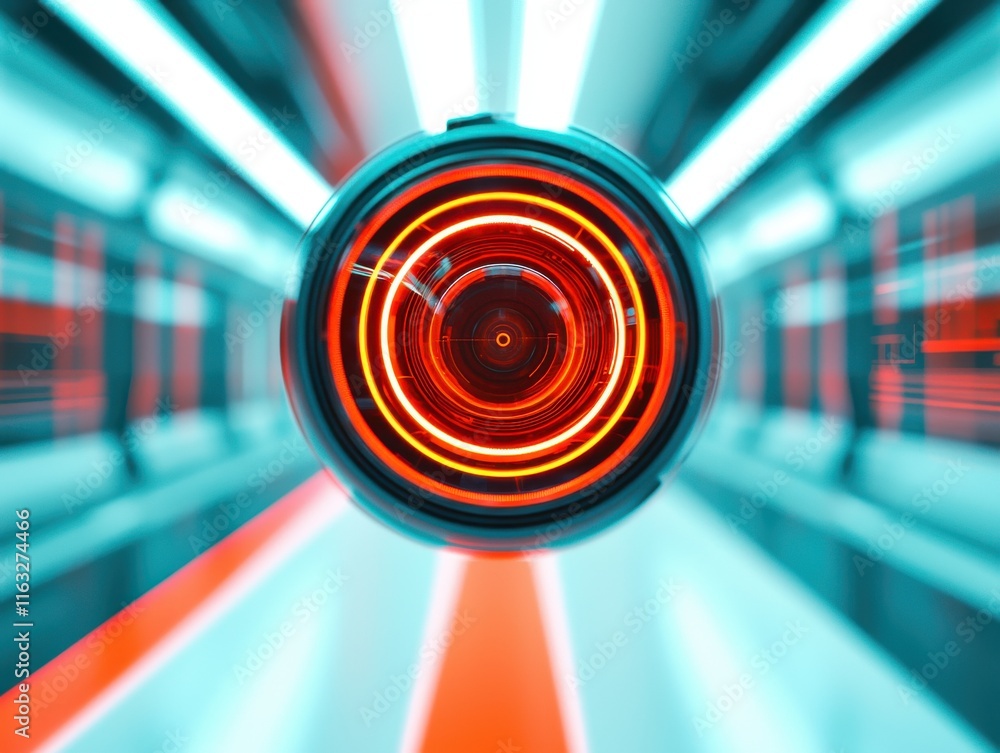 Poster dynamic light patterns emanating from a futuristic lens urban setting digital art vibrant atmosphere