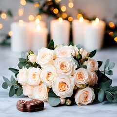 Obraz premium A serene arrangement of white roses surrounded by candles and chocolate treats, creating a romantic and inviting atmosphere.