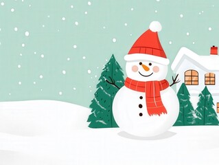Fototapeta premium A cheerful snowman wearing a hat and scarf stands in a snowy landscape, with evergreen trees and a cozy house in the background, creating a festive winter scene.