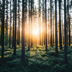 Obraz premium A serene forest scene at sunrise, with tall trees casting shadows and light filtering through the foliage, creating a peaceful atmosphere.