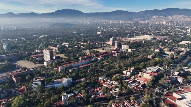 Overhead shot of southern Mexico City, featuring Ajusco mountain