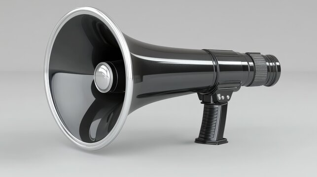 A black megaphone with a sleek design, typically used for amplifying sound during events, protests, or gatherings. Its large horn shape is effective for projecting voice over distances.
