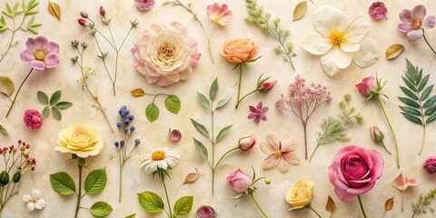 Pastel Floral Arrangement Delicate Roses, Daisies, and Other Botanical Elements on Textured Background