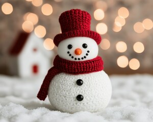 Obraz premium A charming snowman figurine with a knitted hat and scarf stands in a snowy setting, illuminated by soft, warm bokeh lights in the background, evoking a cozy winter atmosphere.