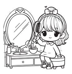 coloring book cute girl make up in front of mirror