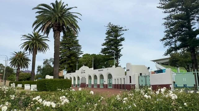 Perth Oval HBF Park Ticketing Gates extreme wide white flowerbed palm trees