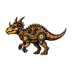 Create a detailed vector engraving illustration of a mechanical dinosaur, showcasing intricate gears, rivets, and steam-powered components.  The style should be vintage and detailed.