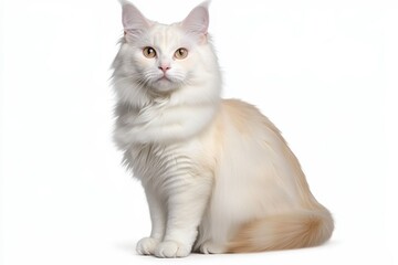 Obraz premium A fluffy white cat sits gracefully, showcasing its elegant fur and attentive expression against a plain background.