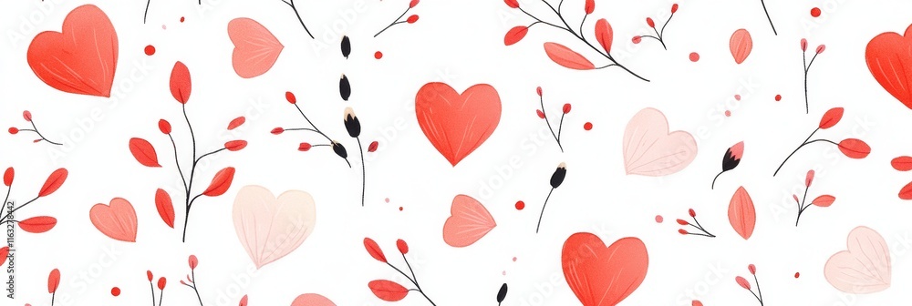 Poster romantic heart-shaped patterns in red and pink flat design on white background for customization