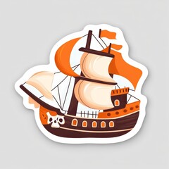 A cartoon-style pirate ship with sails, flags, and a skull on the hull, designed as a sticker. It features warm colors and a playful aesthetic.