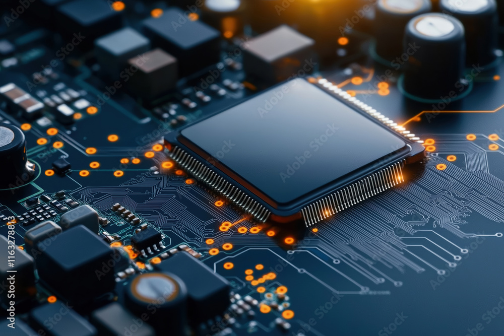 Aufkleber new generation microchip sitting on advanced circuit board with glowing connections