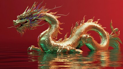 Obraz premium An elegant golden dragon with shimmering green and purple details, gently resting on a reflective water surface; the red background enhances its brilliance.