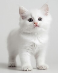 A fluffy white kitten stands upright, looking curiously at the viewer with bright blue eyes and a soft coat, creating an adorable and inviting scene.