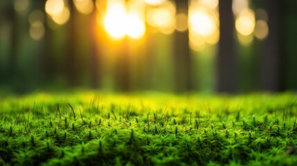 Obraz premium A serene forest scene featuring lush green moss illuminated by soft sunlight, creating a tranquil atmosphere.