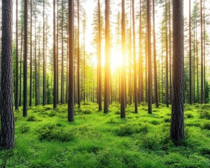 Naklejka premium A serene forest scene bathed in golden sunlight, featuring tall trees and lush green undergrowth, evoking a sense of tranquility and connection to nature.