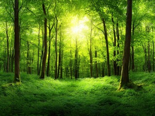 Naklejka premium A serene forest scene with lush green trees and soft light filtering through the canopy, creating a peaceful and inviting atmosphere.