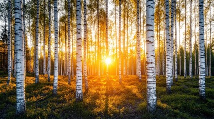 Obraz premium A serene forest scene at sunset, showcasing tall birch trees illuminated by warm golden light filtering through the leaves, creating a tranquil and inviting atmosphere.