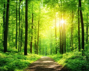 A serene forest pathway illuminated by sunlight, surrounded by lush green trees and ferns, inviting tranquility and exploration.
