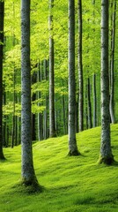 A serene forest scene featuring tall trees with vibrant green leaves and lush moss-covered ground, creating a tranquil and refreshing atmosphere.