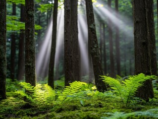 Fototapeta premium A serene forest scene with sunlight streaming through tall trees, illuminating lush ferns and moss, creating a tranquil and mystical atmosphere.