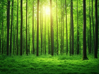 Fototapeta premium A serene forest scene with tall trees and lush greenery, illuminated by soft sunlight filtering through the leaves, creating a tranquil and peaceful atmosphere.