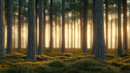 A serene forest scene featuring tall trees with a soft, misty background, creating a tranquil and atmospheric environment.