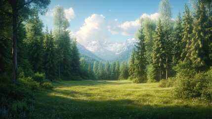 Fototapeta premium Serene Mountain Landscape with Lush Green Forest