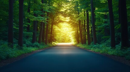 Fototapeta premium A serene road through a lush forest, illuminated by soft sunlight, creating a peaceful and inviting atmosphere.