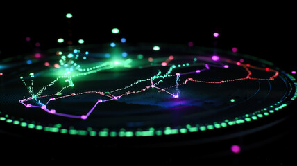 A detailed financial radar chart with glowing, connected lines and highlighted data points, floating on a textured black surface, creating a sleek and high-tech analytical visualization.