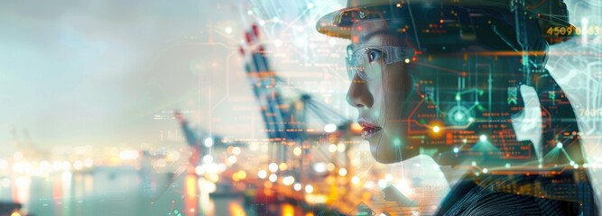 Woman in Hardhat with Futuristic Overlay of a Cityscape