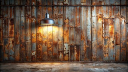 Rustic Industrial Interior Design with a Hanging Lamp and Weathered Metal Wall
