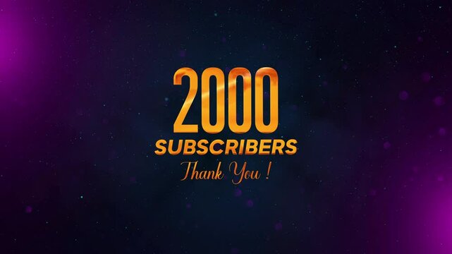 2000 Subscribers Thank You revealing motion view with golden text, falling glitter particles, and stars, against a dark, hazy background with blue and purple hues.