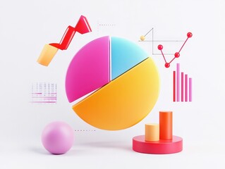 The image features colorful 3D shapes representing data visualization elements such as pie charts, bar graphs, and line graphs, emphasizing analysis and business metrics.