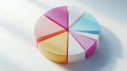 Fototapeta premium A colorful pie chart with sections in various pastel shades, representing data distribution or proportions. The design is modern and visually appealing, suitable for presentations or reports.