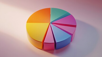 Obraz premium A colorful pie chart composed of various segments, visually representing data distribution or proportions in a 3D style.