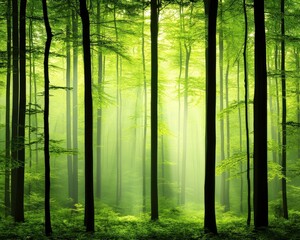 Fototapeta premium A serene forest scene filled with tall trees and soft, diffused light, creating a tranquil and lush green environment.