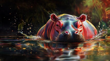 Fototapeta premium A charming baby hippo with vibrant red skin and delicate white accents, resting on a reflective water surface; animated splashes create a dynamic visual.