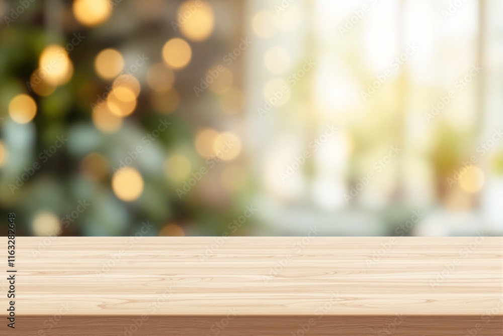 Poster wooden table surface in foreground, blurred backdrop with warm bokeh lights and soft greenery tones,
