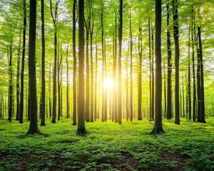 Fototapeta premium A serene forest scene with tall trees and sunlight filtering through the leaves, creating a peaceful atmosphere.